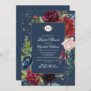 Navy Blue, Burgundy Bloom Watercolor Brautparty Einladung