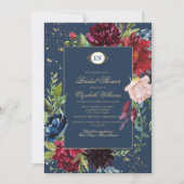 Navy Blue, Burgundy Bloom Watercolor Brautparty Einladung (Vorderseite)