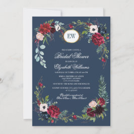 Navy Blue, Burgundy Bloom Watercolor Brautparty Einladung
