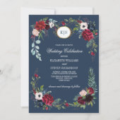 Navy Blue | Burgundy Bloom Watercolor Wedding Einladung (Vorderseite)