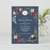 Navy Blue | Burgundy Bloom Watercolor Wedding Einladung (Stehend Vorderseite)