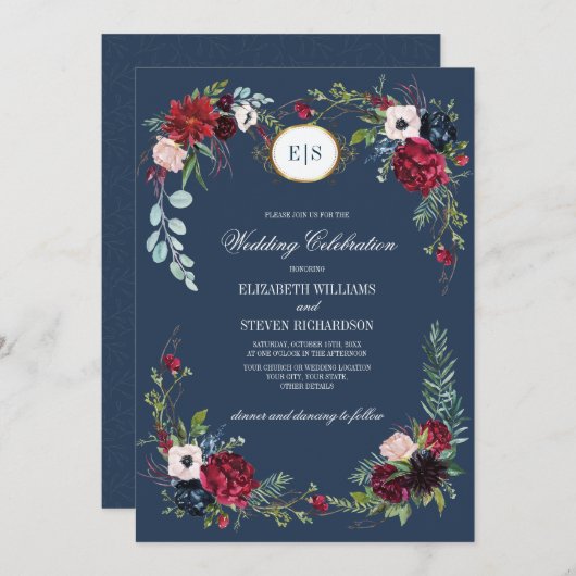 Navy Blue | Burgundy Bloom Watercolor Wedding Einladung (Vorne/Hinten)