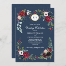 Navy Blue | Burgundy Bloom Watercolor Wedding