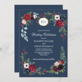 Navy Blue | Burgundy Bloom Watercolor Wedding Einladung