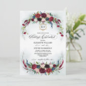 Navy Blue | Burgundy Bloom Watercolor Wedding Einladung (Stehend Vorderseite)