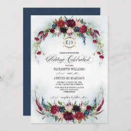 Navy Blue | Burgundy Bloom Watercolor Wedding Einladung