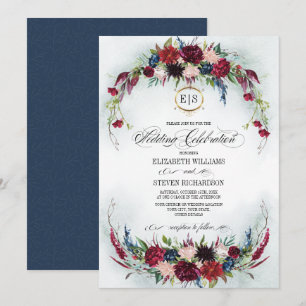 Navy Blue   Burgundy Bloom Watercolor Wedding Einladung