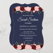 Navy Blue Burgundy Blumensüß 16 Einladung (Vorne/Hinten)