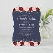 Navy Blue Burgundy Blumensüß 16 Einladung (Stehend Vorderseite)
