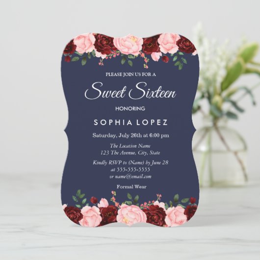 Navy Blue Burgundy Blumensüß 16 Einladung (Stehend Vorderseite)