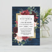 Navy Blue Burgundy Blush and Gold Engagement Party Einladung (Stehend Vorderseite)