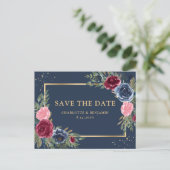 Navy Blue Burgundy Blush Gold Floral Save the Date Ankündigungspostkarte (Stehend Vorderseite)