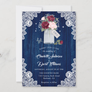 Navy Blue Burgundy Blush Lace Mason Jar Wedding Einladung