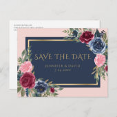 Navy Blue Burgundy Blush Pink Bloral Save the Date Ankündigungspostkarte (Vorne/Hinten)