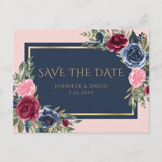 Navy Blue Burgundy Blush Pink Bloral Save the Date Ankündigungspostkarte (Vorderseite)