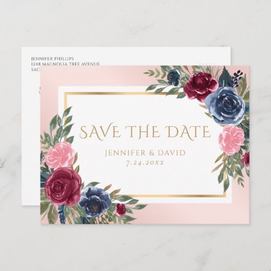 Navy Blue Burgundy Blush Pink Bloral Save the Date Ankündigungspostkarte (Vorne/Hinten)