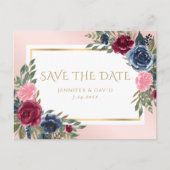 Navy Blue Burgundy Blush Pink Bloral Save the Date Ankündigungspostkarte (Vorderseite)
