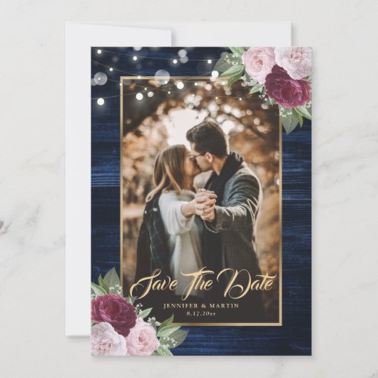 Navy Blue Burgundy Blush Wedding Foto Save The Date (Vorderseite)