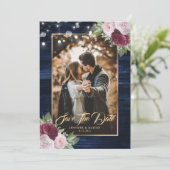 Navy Blue Burgundy Blush Wedding Foto Save The Date (Stehend Vorderseite)