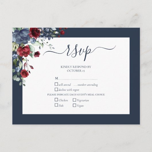 Navy Blue Burgundy Botanical Script Wedding RSVP Einladungspostkarte (Vorderseite)