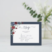 Navy Blue Burgundy Botanical Script Wedding RSVP Einladungspostkarte (Stehend Vorderseite)