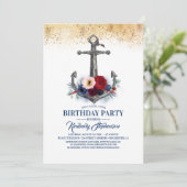 Navy Blue Burgundy Floral Anchor Nautical Birthday Einladung (Stehend Vorderseite)