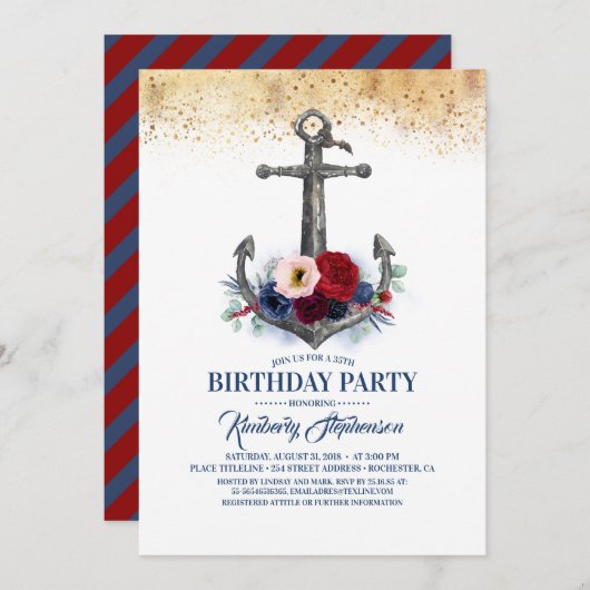 Navy Blue Burgundy Floral Anchor Nautical Birthday Einladung (Vorne/Hinten)