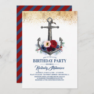 Navy Blue Burgundy Floral Anchor Nautical Birthday Einladung