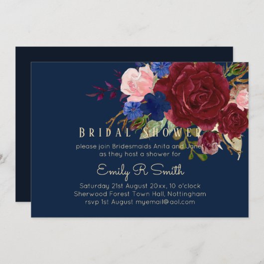 Navy Blue Burgundy Floral Bouquet Wedding Einladung (Vorne/Hinten)