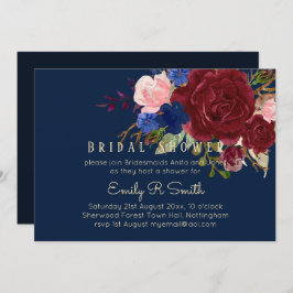 Navy Blue Burgundy Floral Bouquet Wedding Einladung