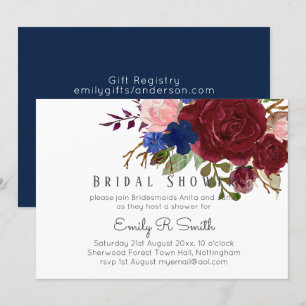 Navy Blue Burgundy Floral Bouquet Wedding Einladung