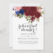 Navy Blue Burgundy Floral Bouquet Wedding Einladung (Vorderseite)