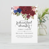 Navy Blue Burgundy Floral Bouquet Wedding Einladung (Stehend Vorderseite)