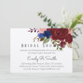 Navy Blue Burgundy Floral Bouquet Wedding Einladung (Stehend Vorderseite)