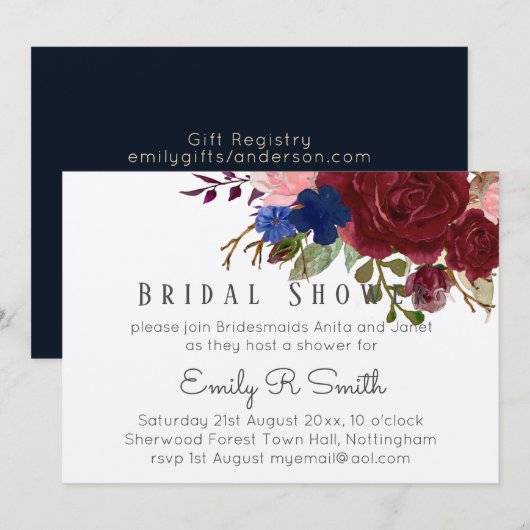 Navy Blue Burgundy Floral Bouquet Wedding Einladung (Vorne/Hinten)