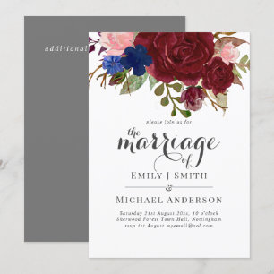 Navy Blue Burgundy Floral Bouquet Wedding Einladung
