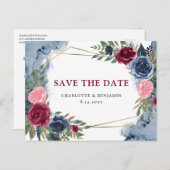 Navy Blue Burgundy Floral Geometric Save the Date Ankündigungspostkarte (Vorne/Hinten)