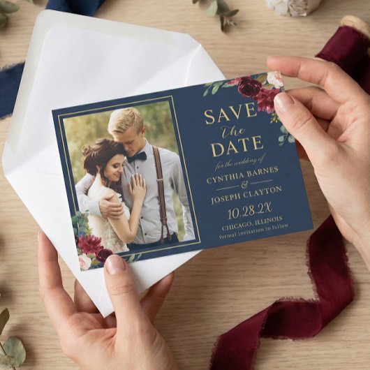 Navy Blue Burgundy Floral Gold Wedding Foto Save The Date