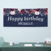 Navy Blue Burgundy Floral Happy Birthday Name Banner (Messe)