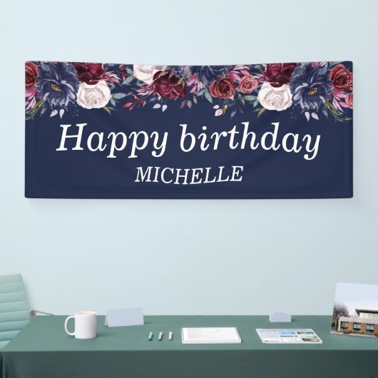 Navy Blue Burgundy Floral Happy Birthday Name Banner (Messe)