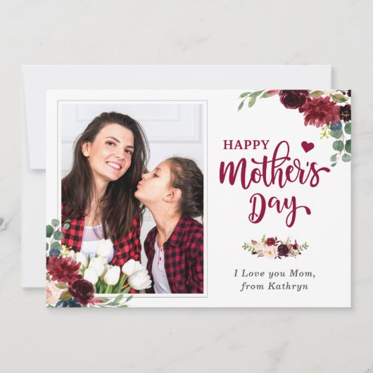 Navy Blue Burgundy Floral Happy Mother's Day Foto Karte (Vorderseite)