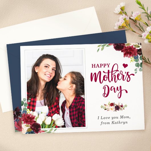 Navy Blue Burgundy Floral Happy Mother's Day Foto Karte