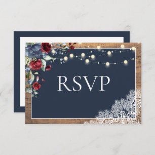 Navy Blue Burgundy Floral Lace Wood Wedding RSVP