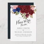 Navy Blue Burgundy Floral Nuestra Boda Spanisch Einladung (Vorne/Hinten)