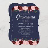 Navy Blue Burgundy Floral Quinceanera Einladung (Vorne/Hinten)