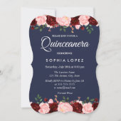 Navy Blue Burgundy Floral Quinceanera Einladung (Vorderseite)