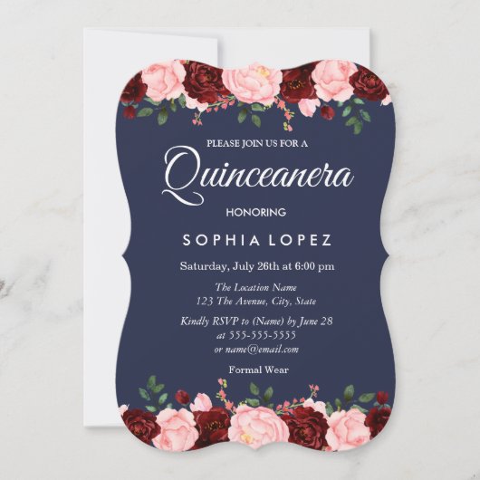 Navy Blue Burgundy Floral Quinceanera Einladung (Vorderseite)