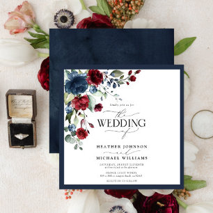 Navy Blue Burgundy Floral Watercolor Script Einladung