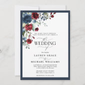 Navy Blue Burgundy Floral Watercolor Script Invita Einladung (Vorderseite)