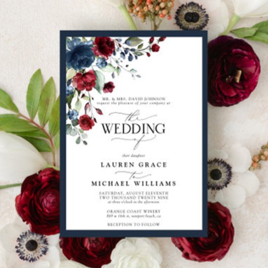 Navy Blue Burgundy Floral Watercolor Script Invita Einladung